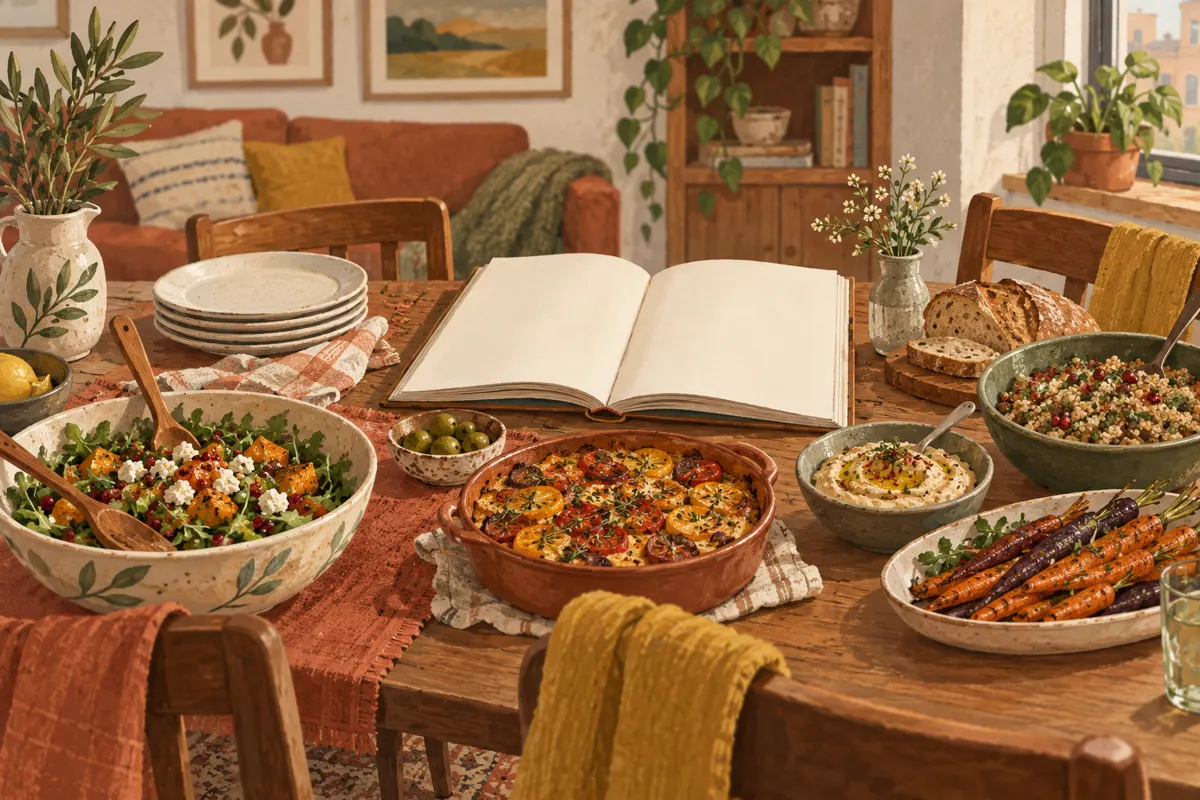 Illustration of potluck dishes and an open cookbook on a small apartment table.