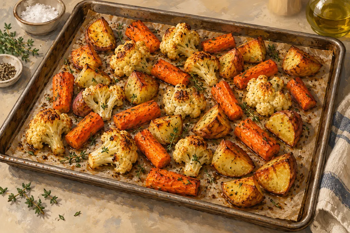 Illustration of roasted vegetables spread in a single layer with space between pieces on a baking sheet.