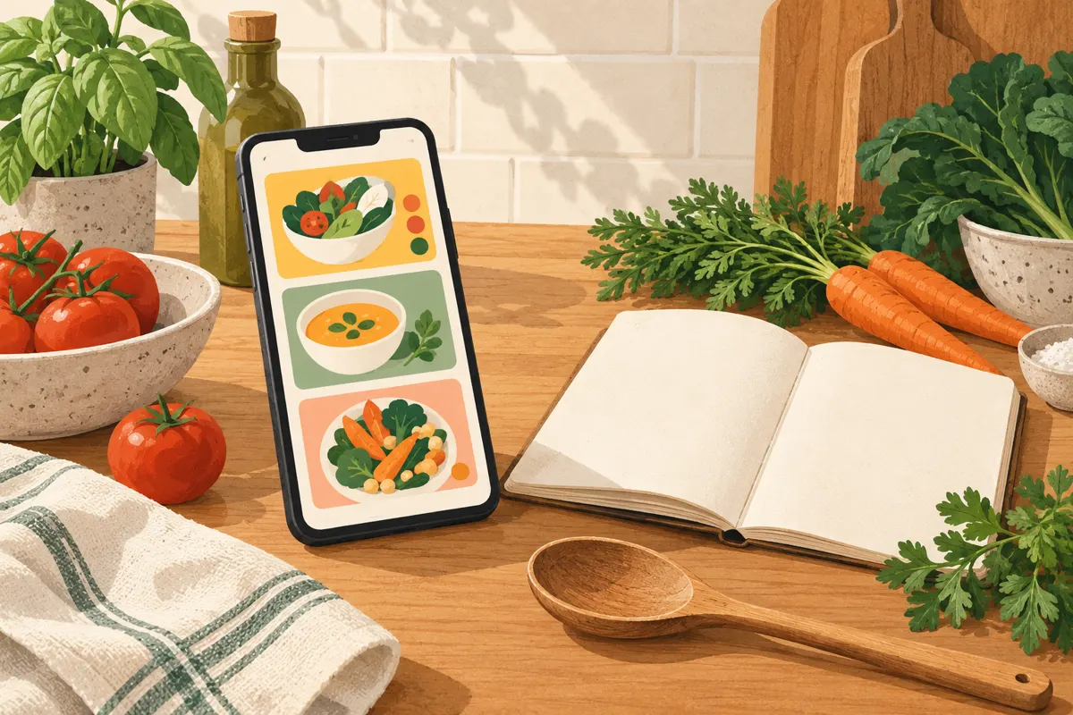 Illustration of a phone with organized recipe cards beside cooking ingredients and a notebook.