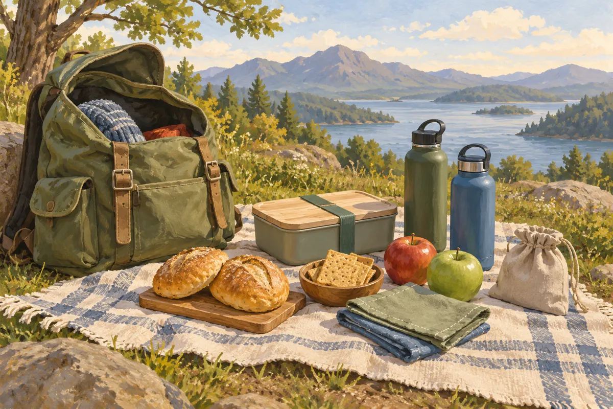 Illustration of a compact walking picnic for two with shelf-stable food, water bottles, and a cleanup bag.