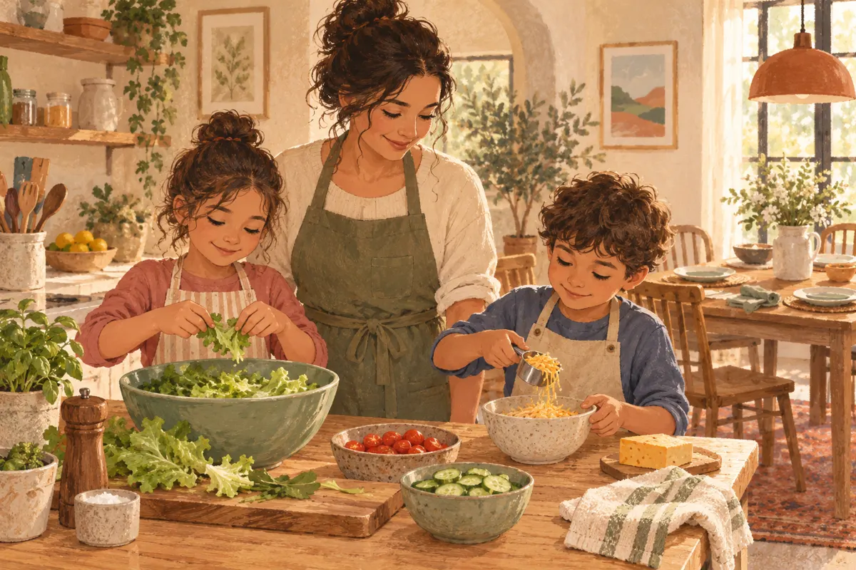 Illustration of children helping an adult prepare salad and measure ingredients for dinner.