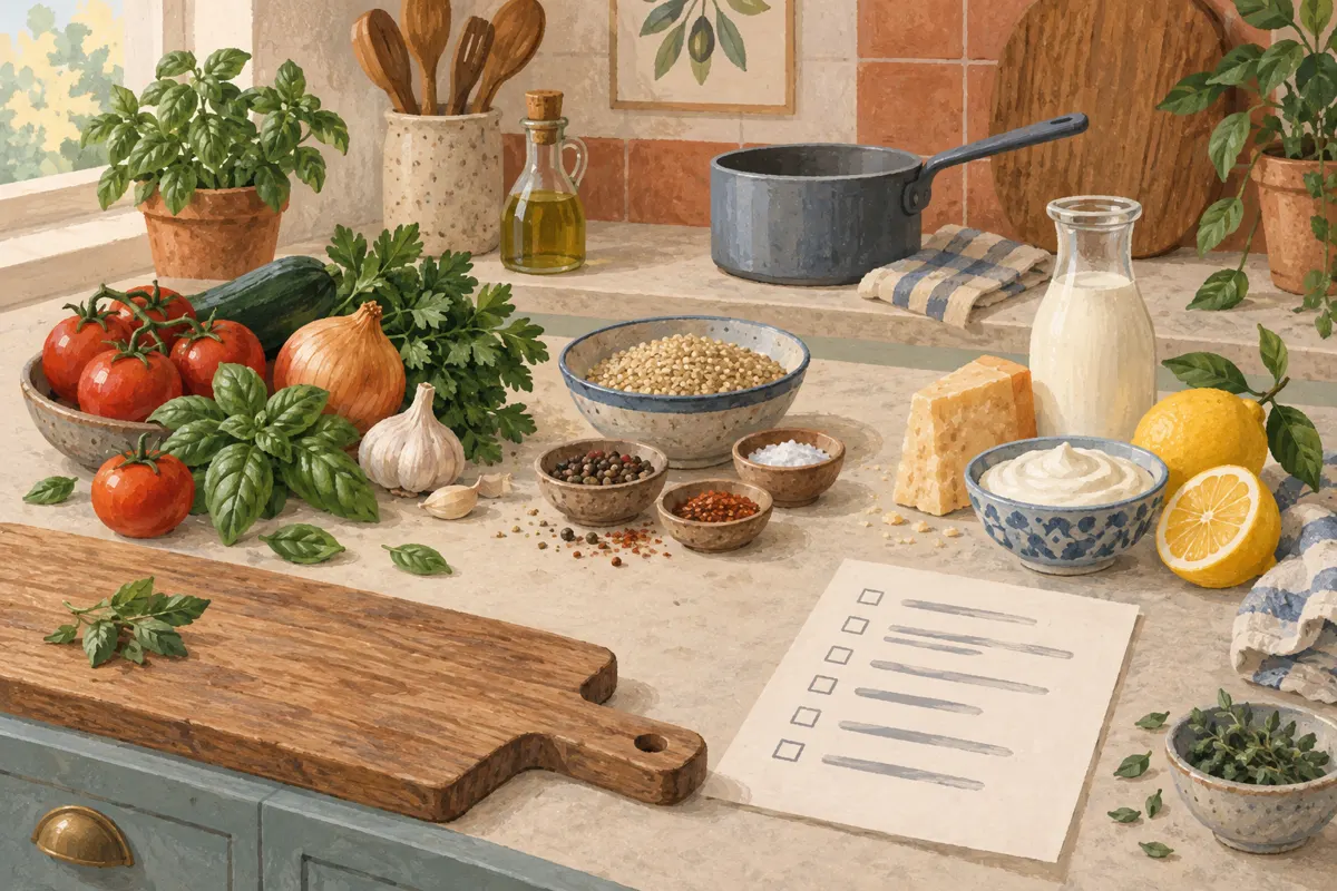 Illustration of grouped cooking ingredients and a checklist beside a chopping board and saucepan.
