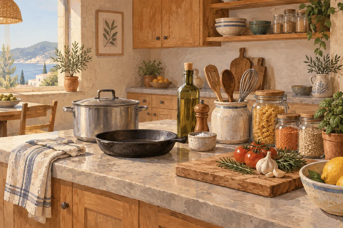 Illustrated kitchen counter with cookware, utensils and pantry basics ready for a quick inventory.